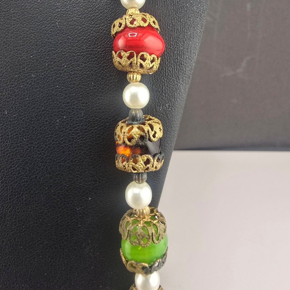 Vintage Estate Glass Necklace Red Green Faux Pearl Filigree Bead Caps 26in